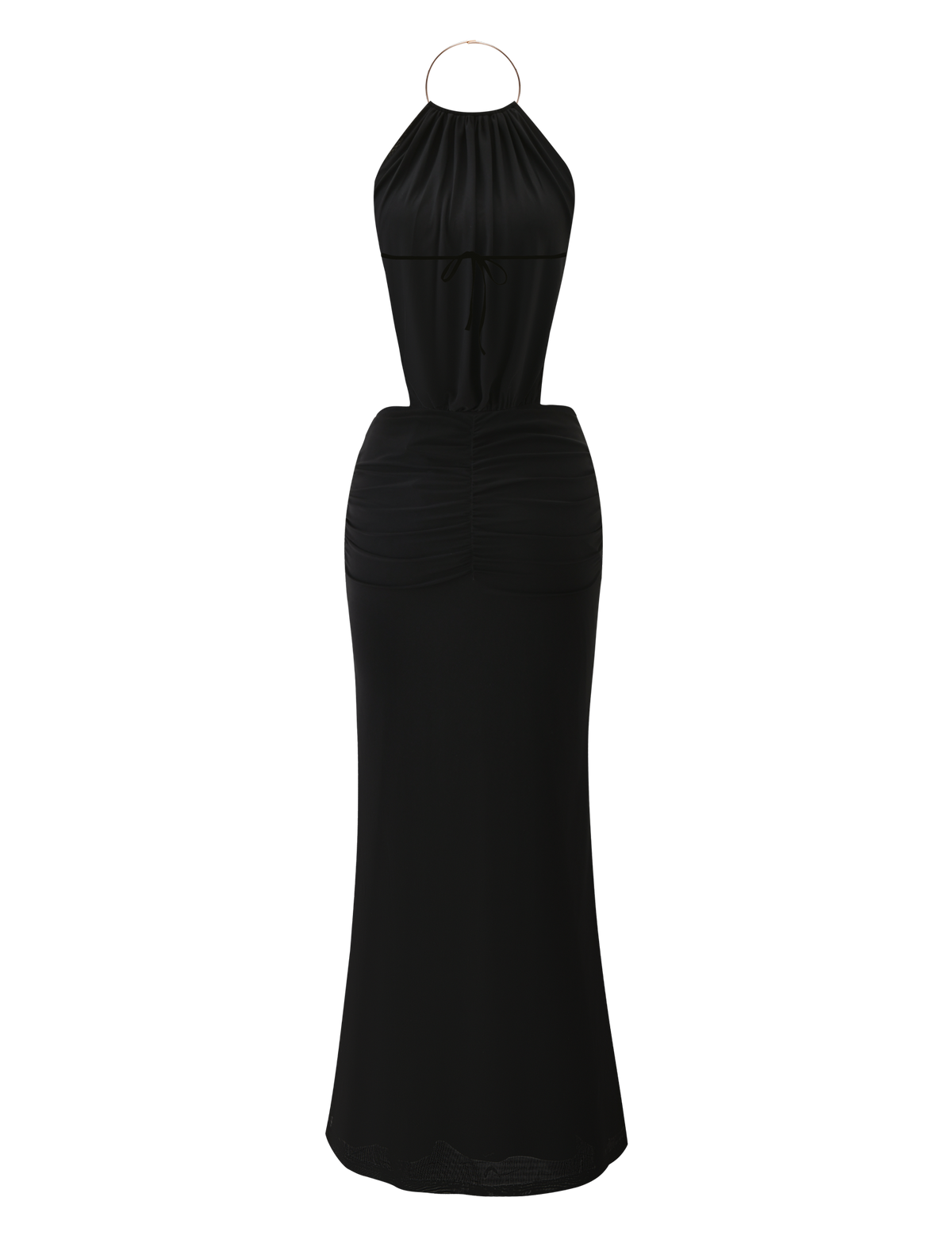 The TIGERMIST EVANNA MAXI DRESS in black features a sleeveless halter-neck, gathered bodice, fitted waist, and floor-length skirt in smooth, slightly shiny fabric. Shown on a plain white background.