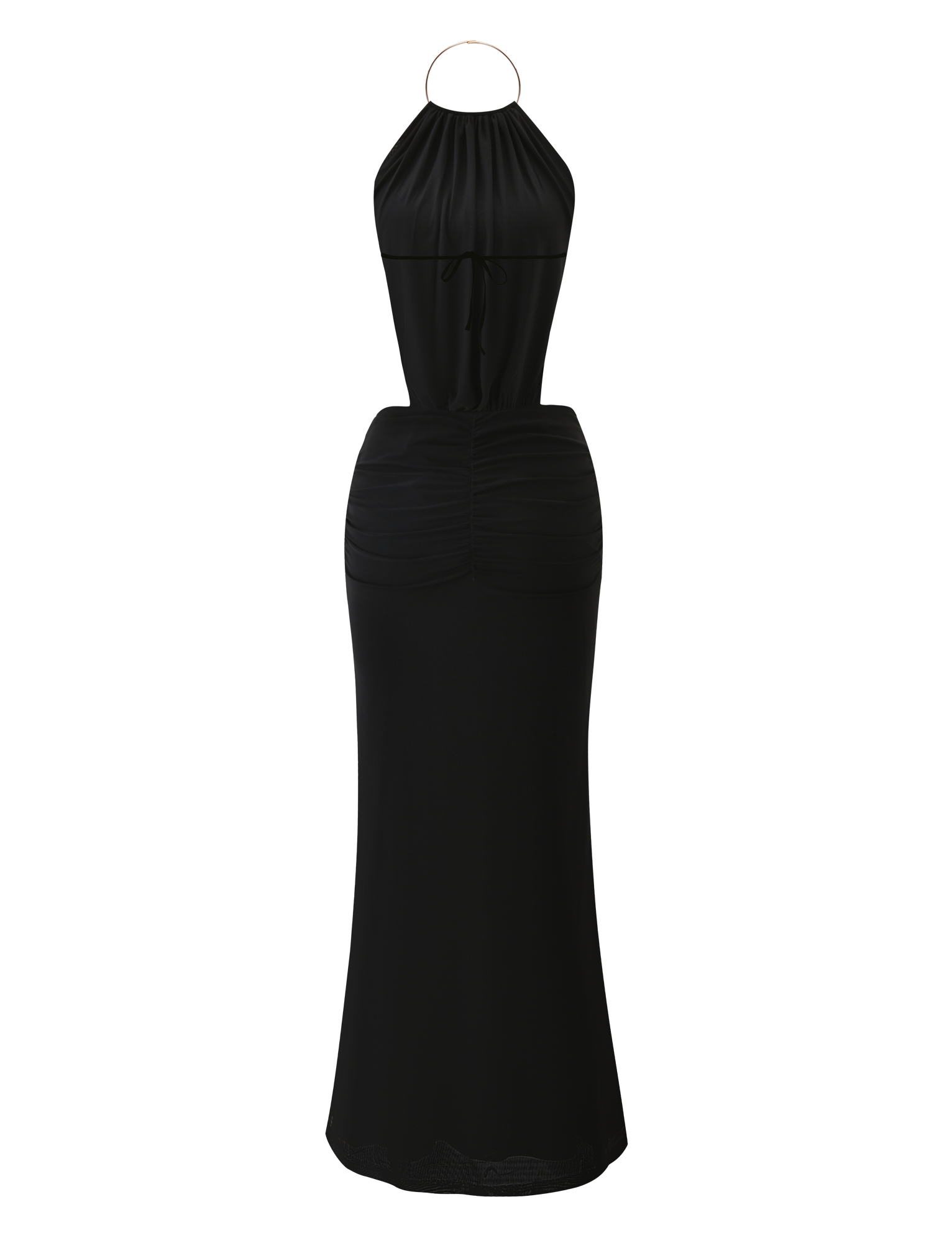 The TIGERMIST EVANNA MAXI DRESS in black features a sleeveless halter-neck, gathered bodice, fitted waist, and floor-length skirt in smooth, slightly shiny fabric. Shown on a plain white background.