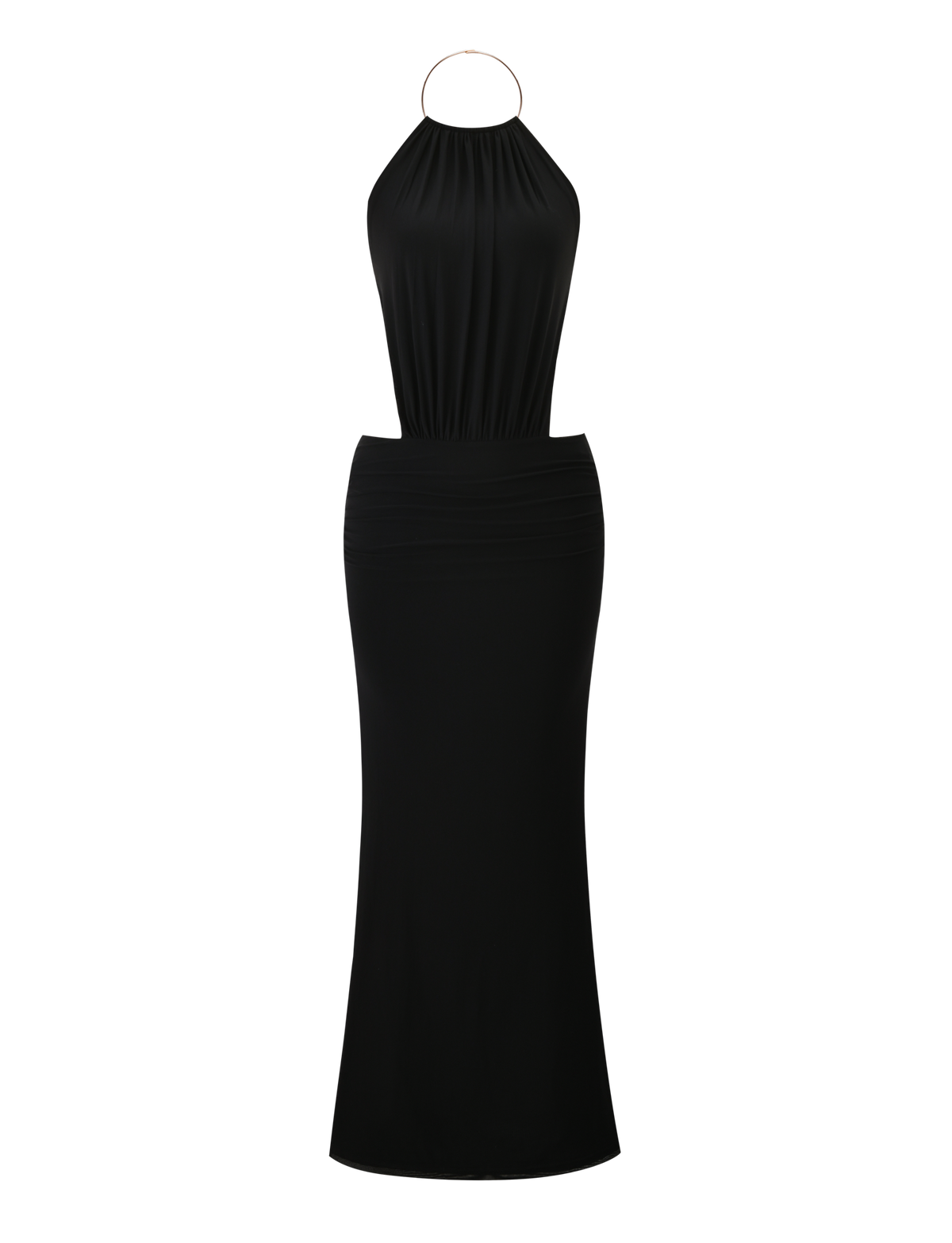 The EVANNA MAXI DRESS by TIGERMIST is a sleeveless, floor-length black maxi dress with a halter neckline, fitted waist, subtle top drape, and an elegant straight skirt.