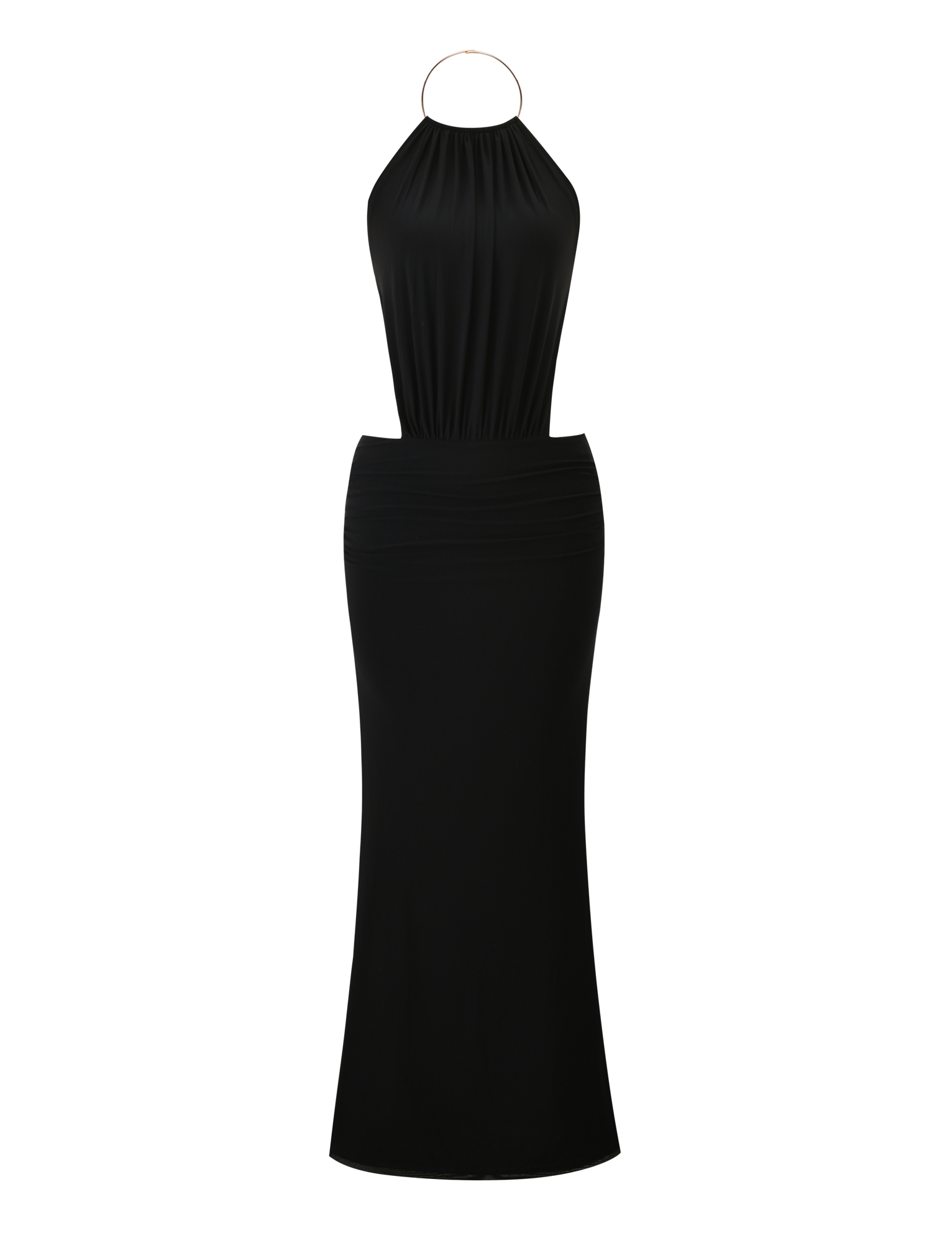 The EVANNA MAXI DRESS by TIGERMIST is a sleeveless, floor-length black maxi dress with a halter neckline, fitted waist, subtle top drape, and an elegant straight skirt.