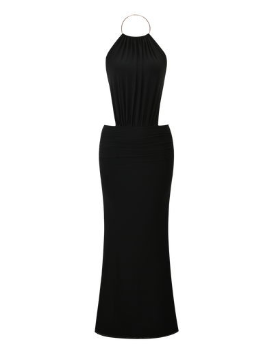 The EVANNA MAXI DRESS by TIGERMIST is a sleeveless, floor-length black maxi dress with a halter neckline, fitted waist, subtle top drape, and an elegant straight skirt.