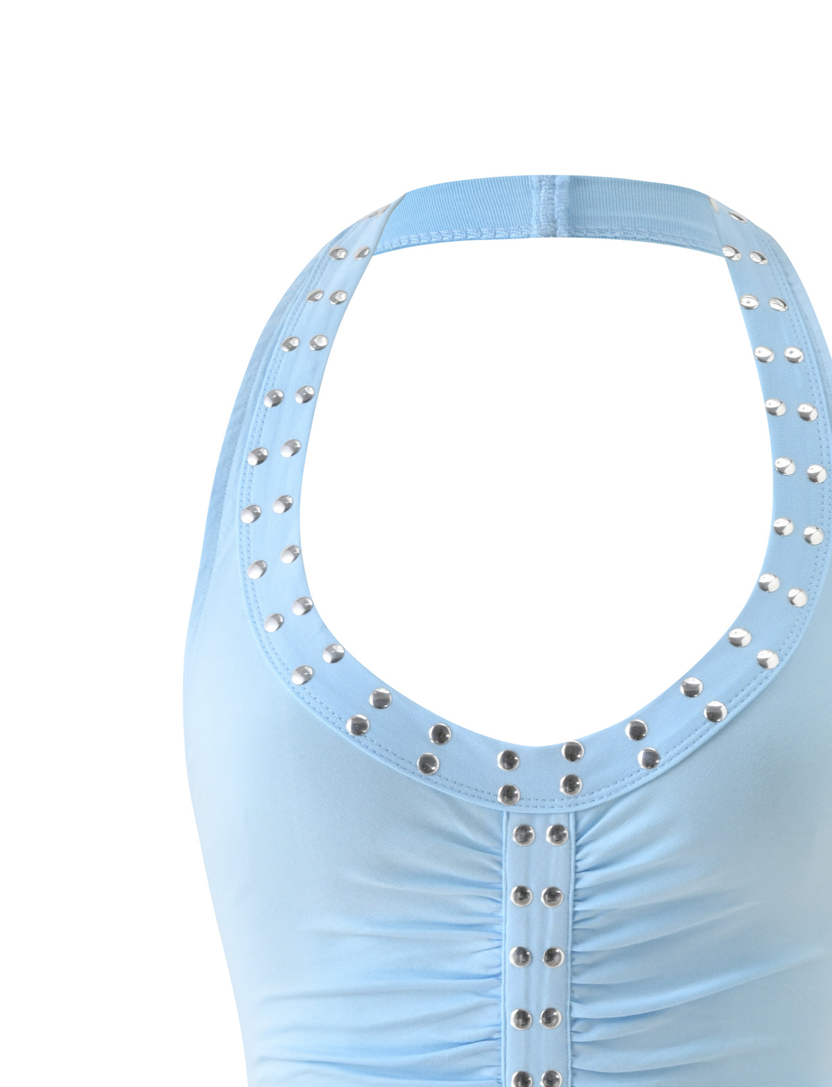 NIKOLETTE TOP - BABY BLUE baby blue studded halter top with silver studs along the neckline and center front.
