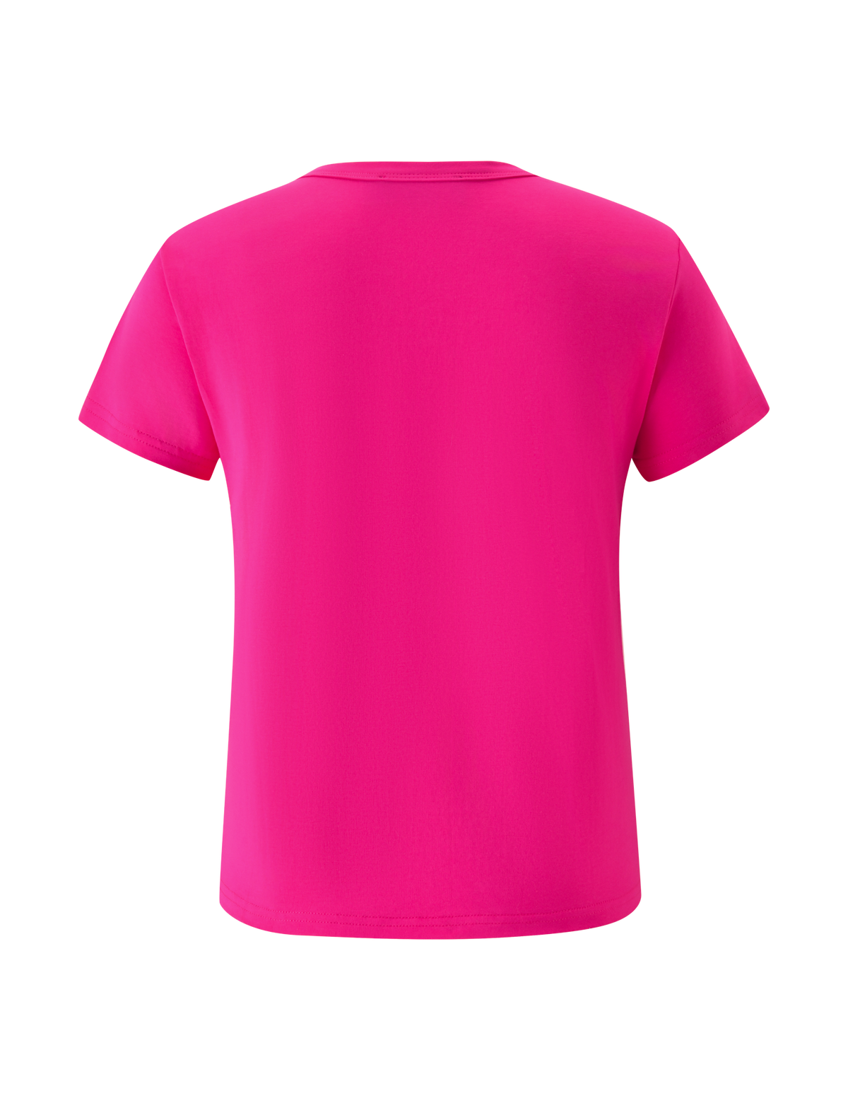 The BELLA BABY TEE by TIGERMIST in hot pink is displayed from the back against a white background, featuring short sleeves and a classic crew neckline.