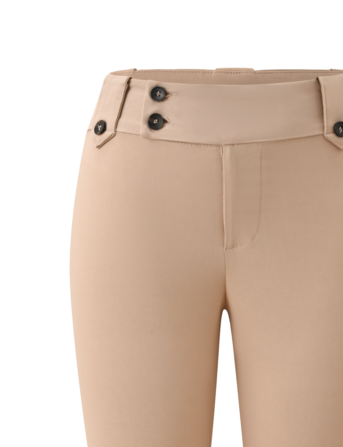 The ARIA CAPRI - KHAKI by TIGERMIST are tailored women’s capri pants, featuring a sophisticated beige hue, a distinctive double-buttoned waistband, and panel detailing at the front. Styled with a mid rise fit, these pants are showcased against a white background.