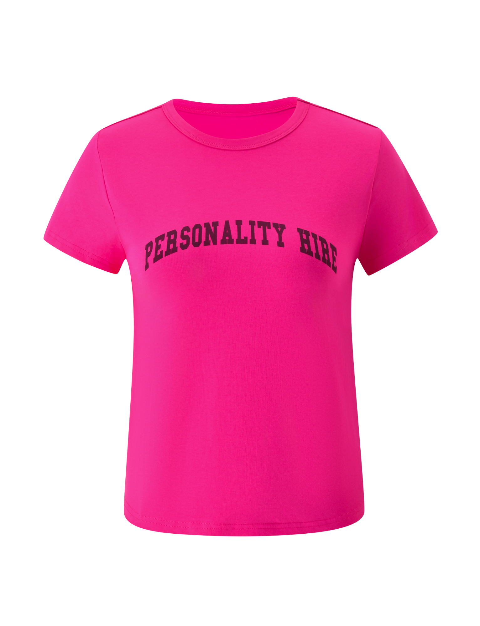 The BELLA BABY TEE - HOT PINK by TIGERMIST is a vibrant short-sleeve t-shirt featuring the phrase “PERSONALITY HIRE” in bold black lettering across the chest. This hot pink graphic tee exudes a playful and confident vibe and is showcased against a plain white background.