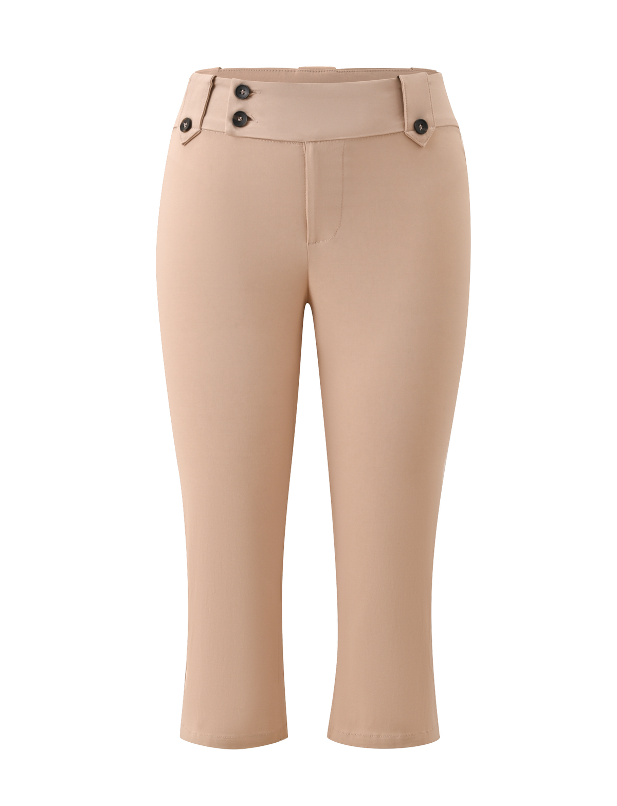 The ARIA CAPRI - KHAKI by TIGERMIST features a high-waisted, cropped silhouette in khaki, designed with front seams, belt loops, double-button detail on each side of the waistband, and a tailored fit—ideal for creating a polished look.