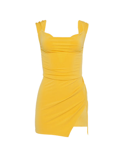 Introducing the Joslin Dress in Yellow from Tigermist, a vibrant, sleeveless bodycon dress featuring ruched detailing on the bust and shoulders. This stunning piece boasts a wrap-style skirt with a side slit, offering both style and elegance.
