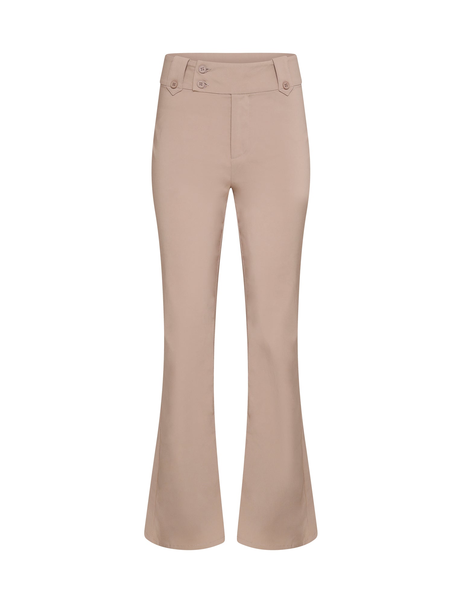 Image of the KITTIE HIGH RISE PANT - BEIGE : TAN by TIGERMIST. These beige women's dress pants feature a high waist with a wide waistband, detailed with two buttons and a small zipper. The legs are fitted at the top and gradually flare out towards the bottom.