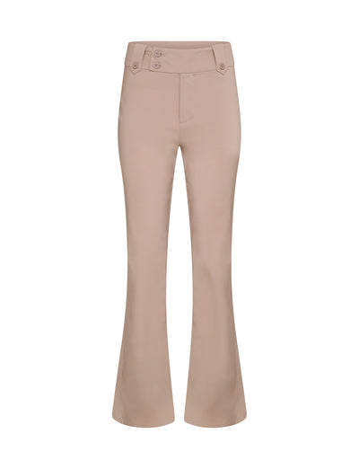 Image of the KITTIE HIGH RISE PANT - BEIGE : TAN by TIGERMIST. These beige women's dress pants feature a high waist with a wide waistband, detailed with two buttons and a small zipper. The legs are fitted at the top and gradually flare out towards the bottom.