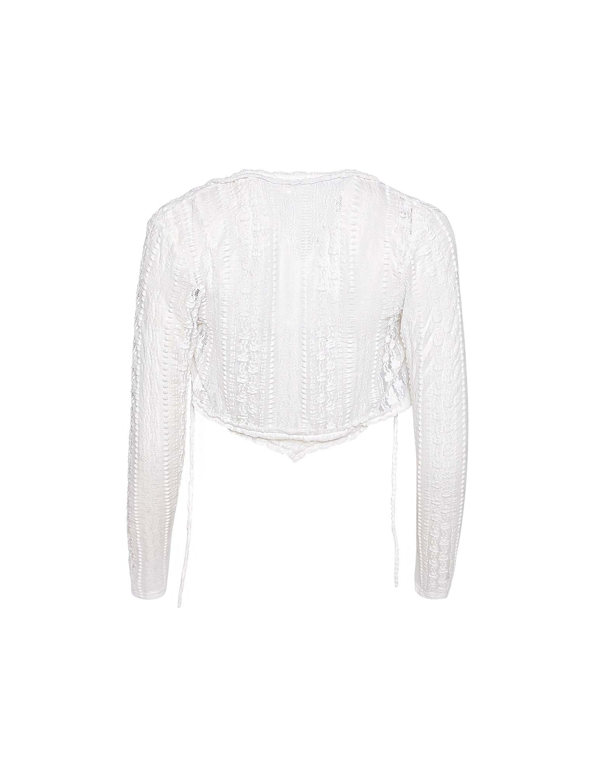 The SOPHA TWO PIECE TOP - WHITE by TIGERMIST is showcased against a plain background. This white, long-sleeve, semi-sheer lace top boasts intricate patterns and a round neckline, extending slightly past the waist. It exudes a delicate and elegant vibe, making it perfect for formal or special occasions.