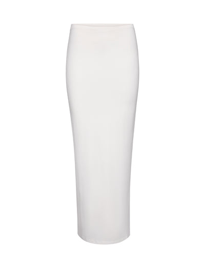 The ADDISON SKIRT - WHITE by TIGERMIST is a white, high-waisted bodycon pencil skirt that extends to mid-calf length and has a smooth, fitted appearance. Featured on a white background.