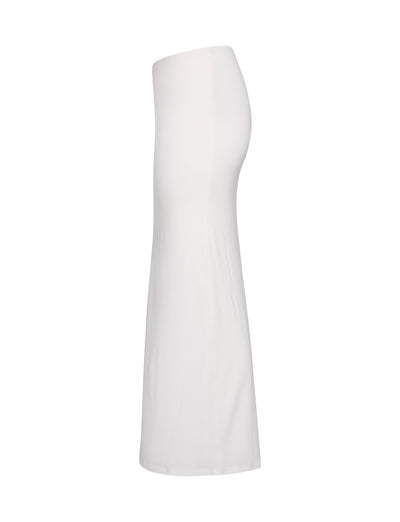 Side view of the ADDISON SKIRT - WHITE from TIGERMIST, displayed on a plain white background. This knee-length pencil skirt features a form-fitting design with a high waist and smooth fabric.