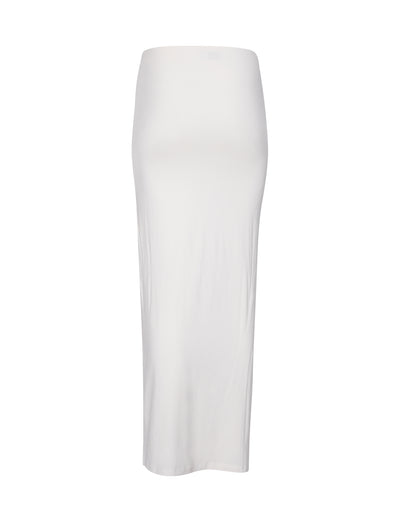 The ADDISON SKIRT - WHITE from TIGERMIST is displayed against a plain background. This knee-length, high-waisted pencil skirt features a smooth, form-fitting design made from stretchy fabric, making it suitable for both casual and formal wear.