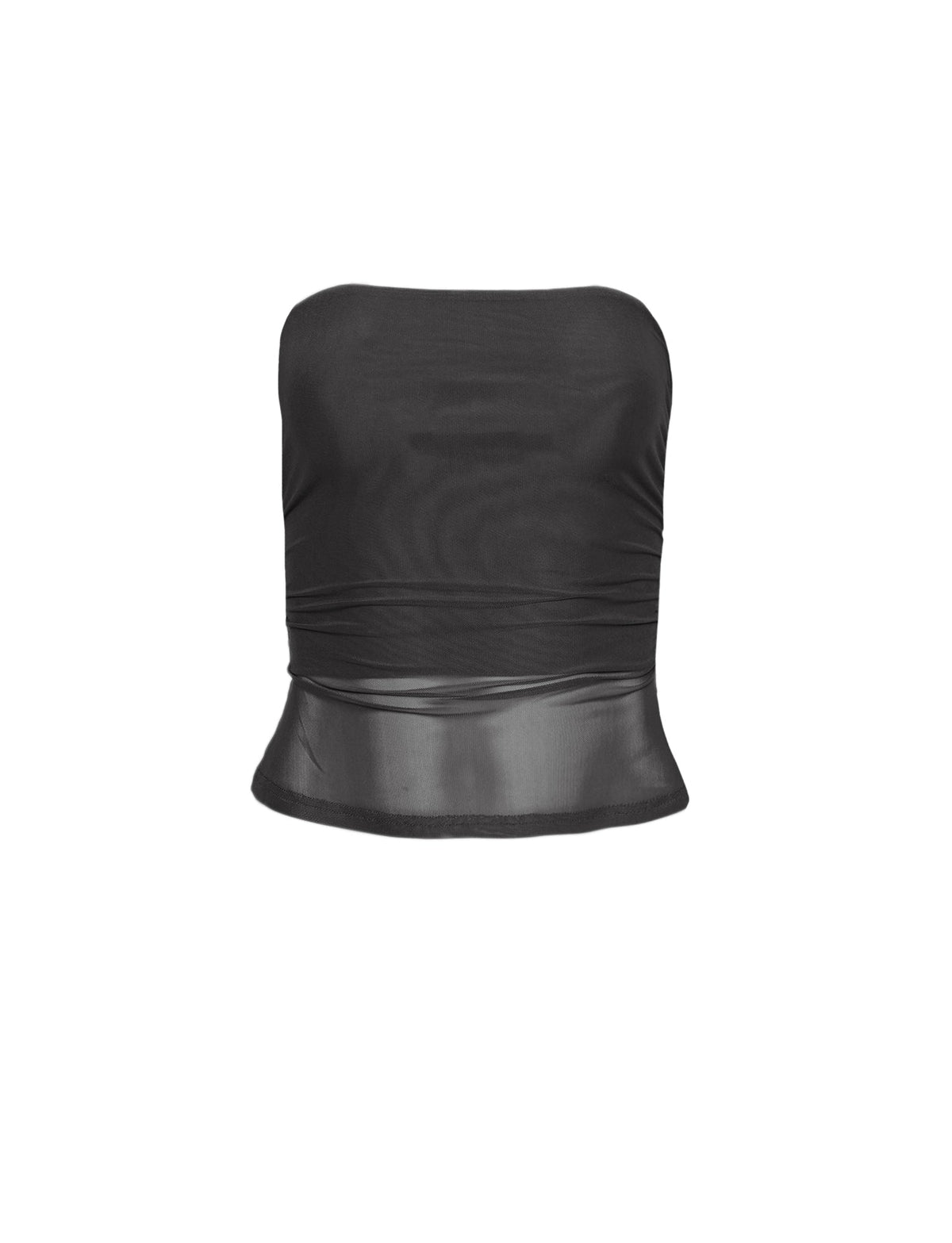 An image of the HARRIETT Tube Top in black by TIGERMIST showcases its chic elegance. This strapless piece features a slightly flared hem and is crafted from smooth, stretchy fabric characteristic of the brand's design aesthetic.