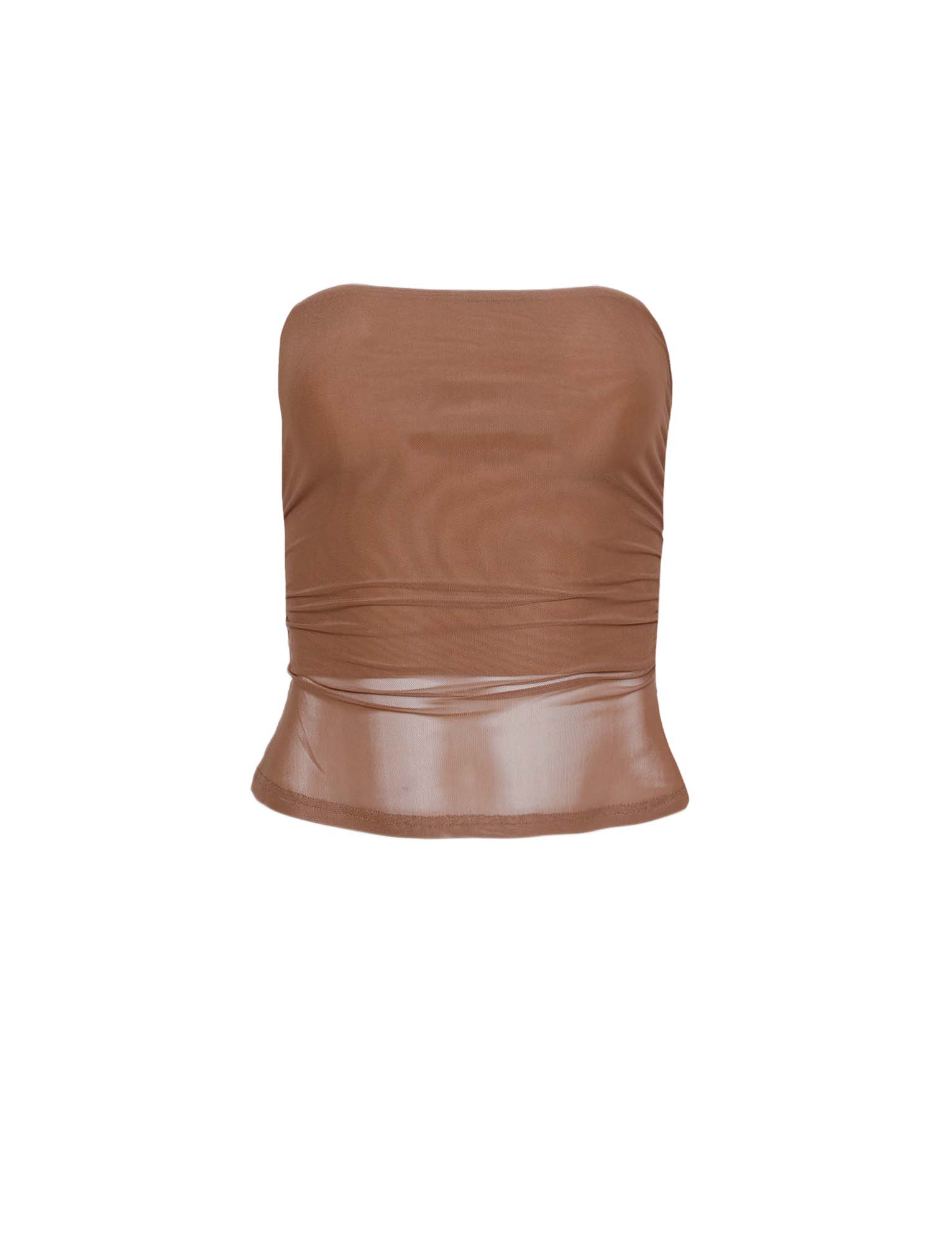 The HARRIETT TUBE TOP - TAN by TIGERMIST features a fitted bodice and sheer, loose flaring at the hem. The fabric has a slightly ruched texture, giving it a stylish and elegant appearance. This form-fitting piece is designed to make you stand out effortlessly.