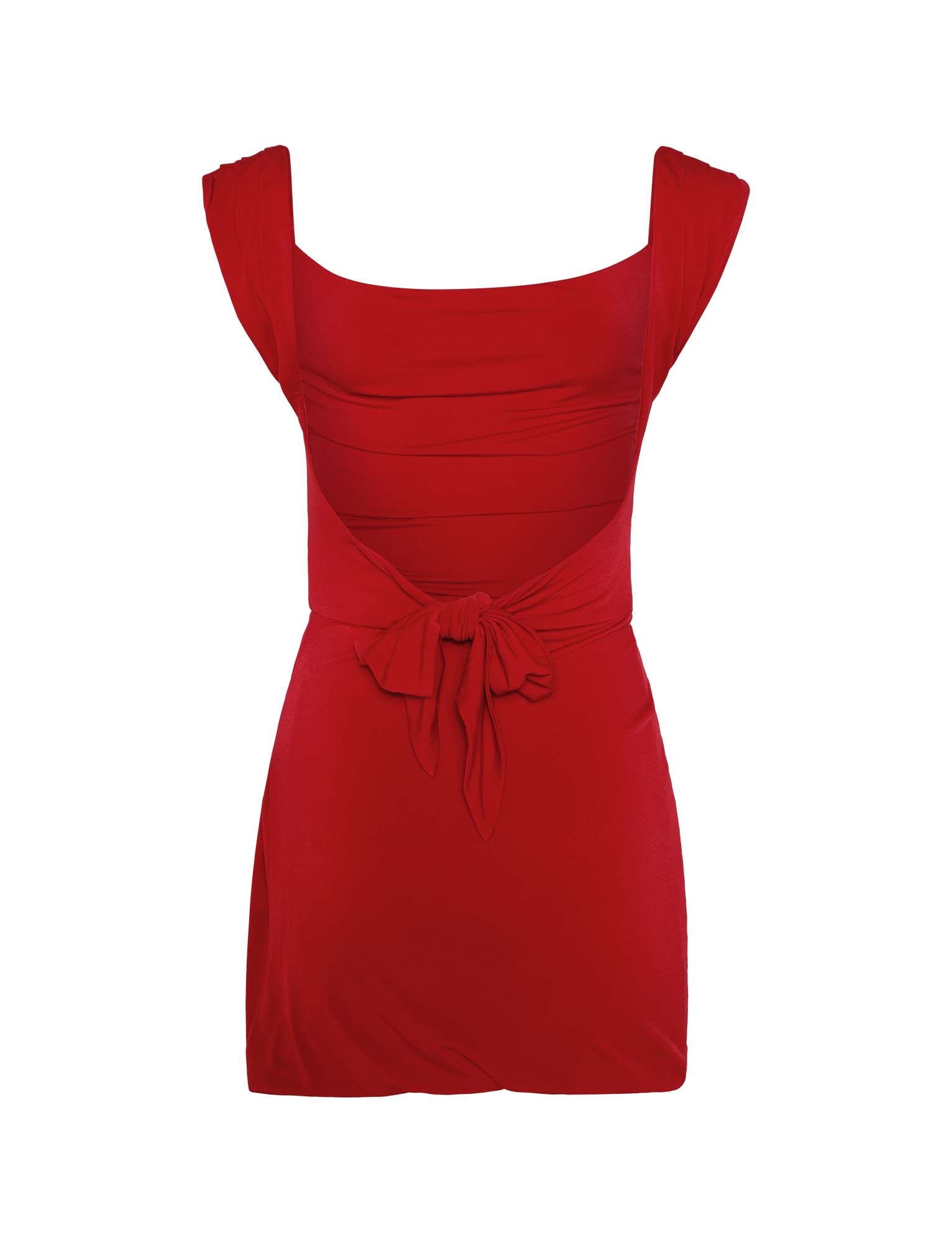 The JOSLIN DRESS - RED from TIGERMIST is a vibrant red, sleeveless sundress featuring a square neckline and ruched details on the bodice. It boasts a fitted waist accented with a bowknot at the front and has a knee-length hemline. The fabric is soft and flowy, making it perfect for casual outings or summer events.