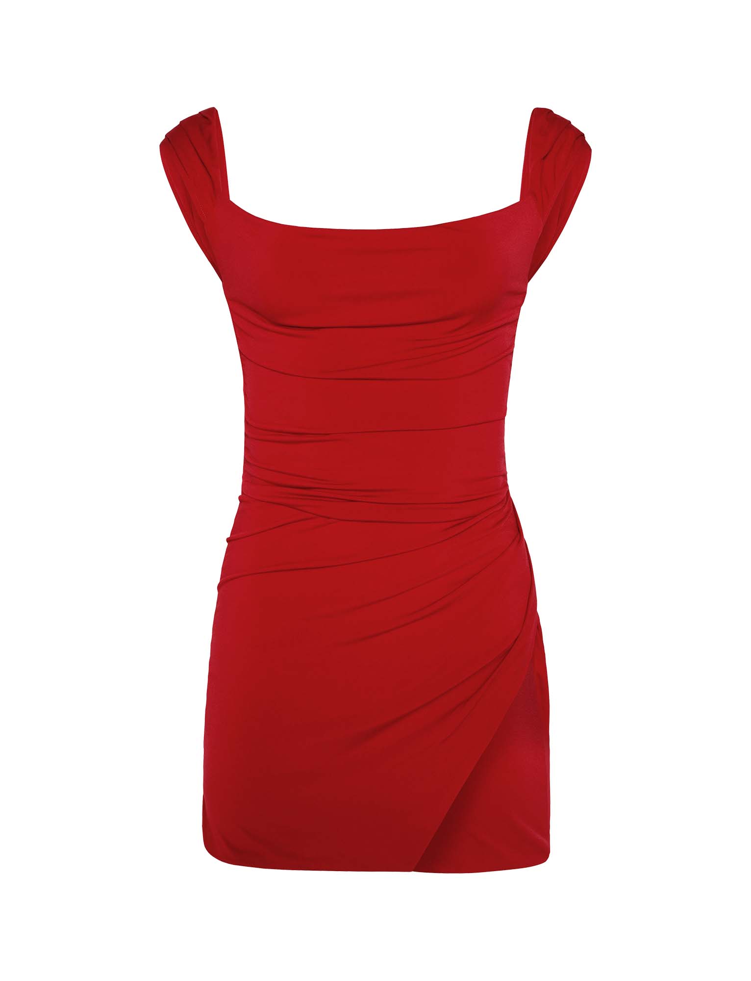 The JOSLIN DRESS - RED by TIGERMIST is a short, vibrant red dress featuring a square neckline and cap sleeves. Gathered fabric detailing around the waist and hips creates a draped, ruched appearance, while the slightly asymmetrical hemline adds a stylish touch to the design.
