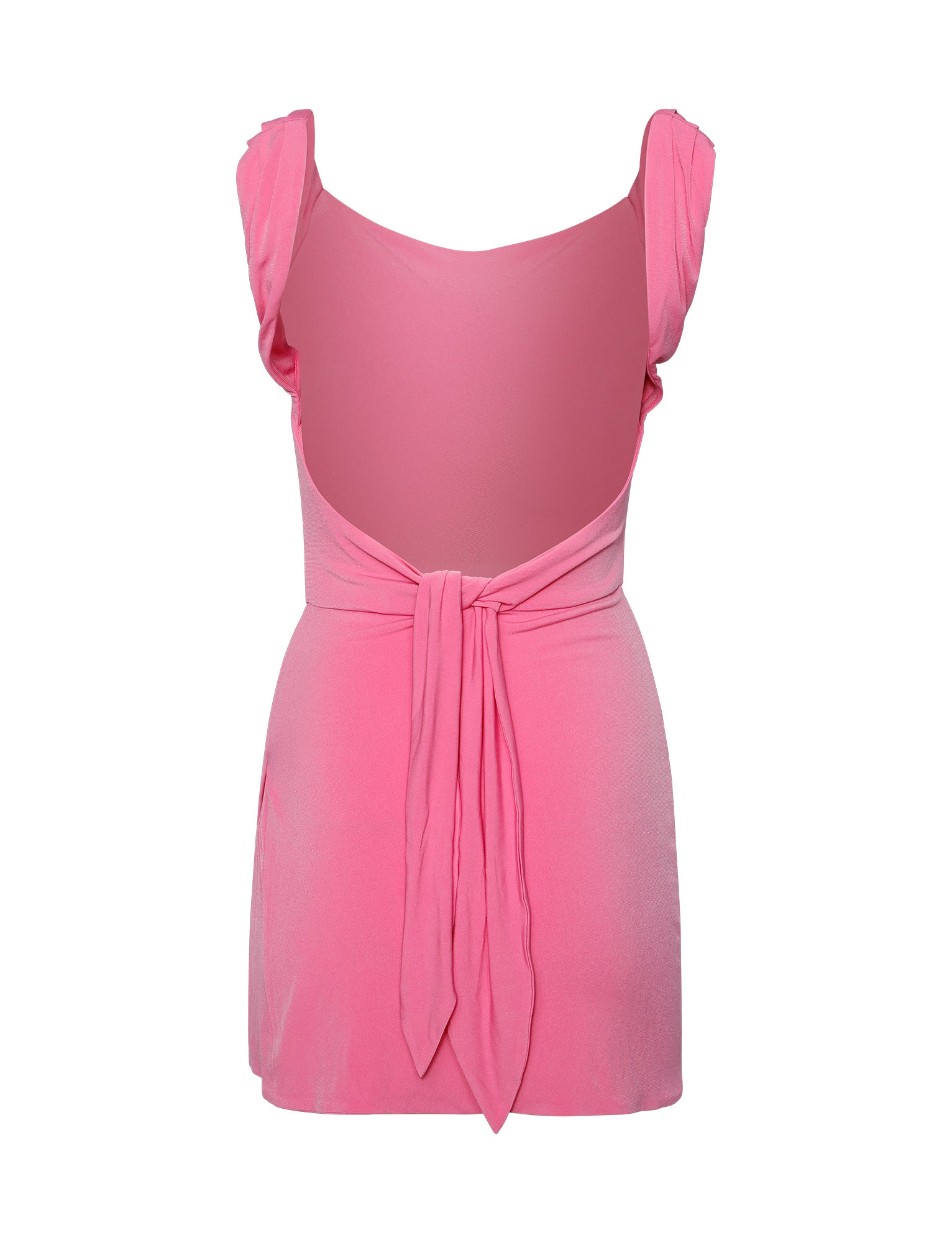 The JOSLIN DRESS - PINK from TIGERMIST is a pink, sleeveless dress featuring a low-cut back and a bow tied at the waist. Ruffled fabric around the shoulders adds texture to the design. The dress is displayed against a plain white background.