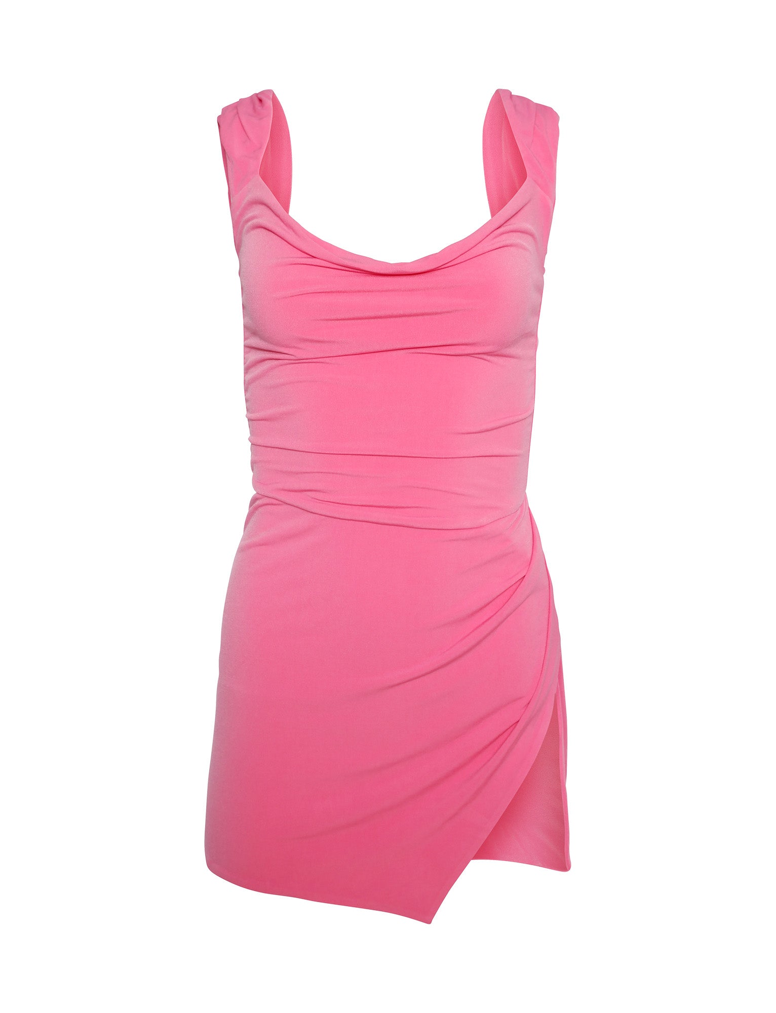 The JOSLIN DRESS - PINK from TIGERMIST is a sleeveless dress featuring a ruched bodice and draped detailing. It boasts a cowl neckline and an asymmetrical hem that creates a slight overlap on one side, crafted from stretchy, form-fitting fabric.