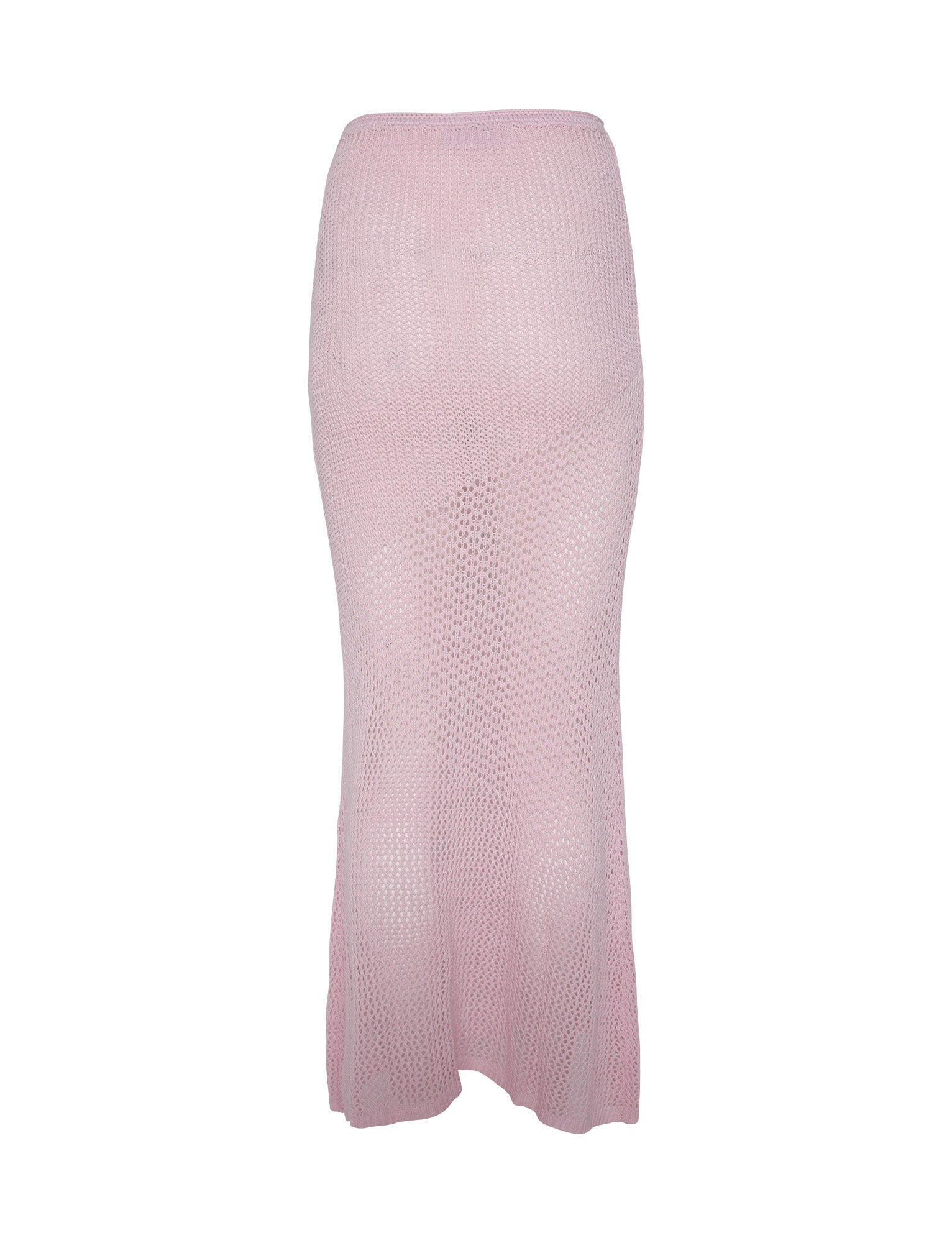 The MACAULEY SKIRT in BABY PINK by TIGERMIST is a light pink, midi-length knitted skirt with a semi-sheer mesh design. It showcases a subtle diagonal pattern and features a fitted silhouette that gracefully flares out slightly at the hem.