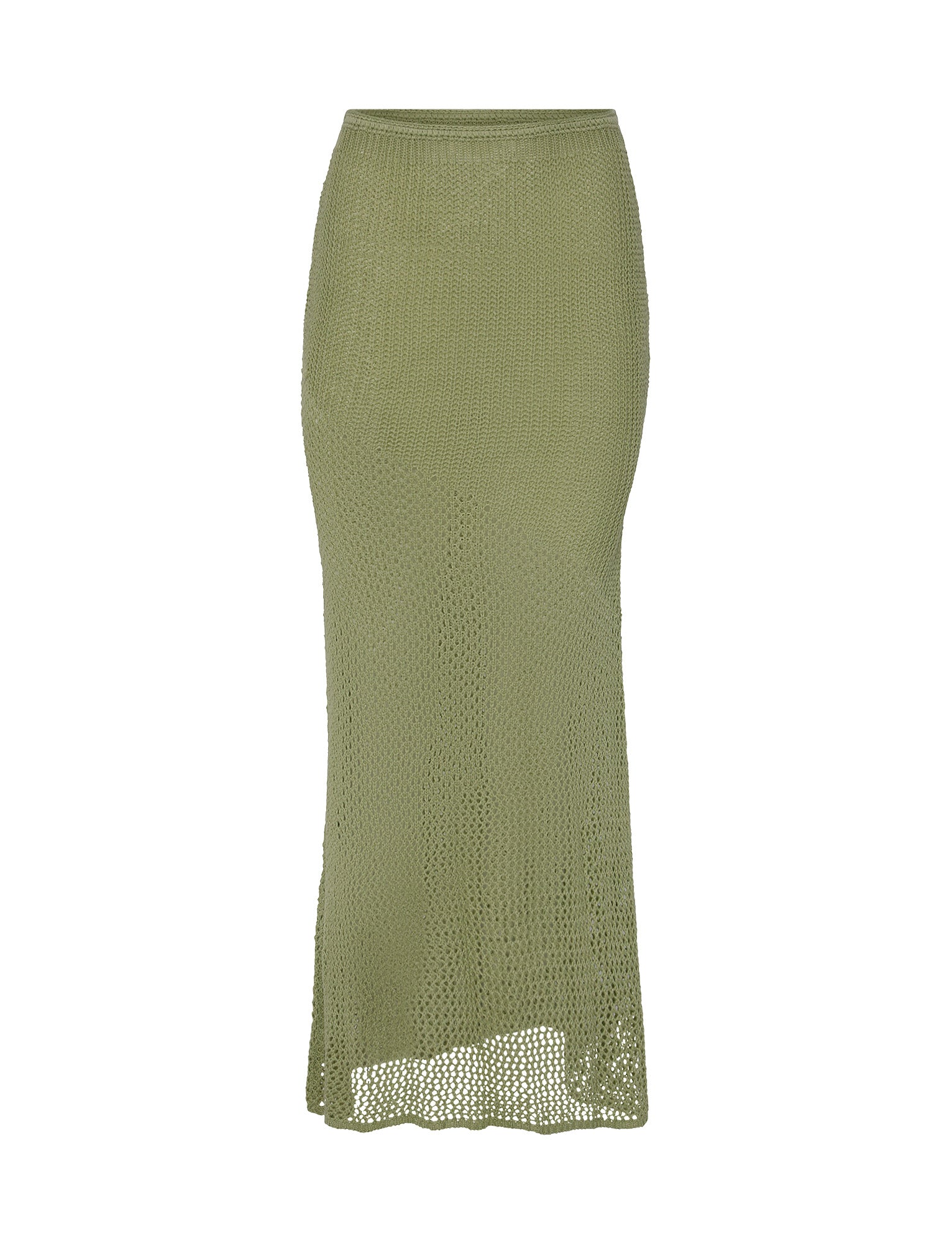 The MACAULEY SKIRT - GREEN from TIGERMIST is a full-length crochet skirt in a pastel green hue. It boasts a straight silhouette, high waist, and is crafted from textured, open-knit material. Its slightly uneven hemline enhances its casual, bohemian style.