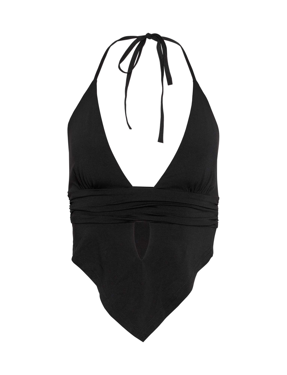 Introducing the FAYE TOP - BLACK from TIGERMIST, a black halter-neck top with a deep V-neckline and a tied strap at the neck. This chic design features ruched detailing around the waist with a cut-out above the navel, ending in a pointed hemline at the front.