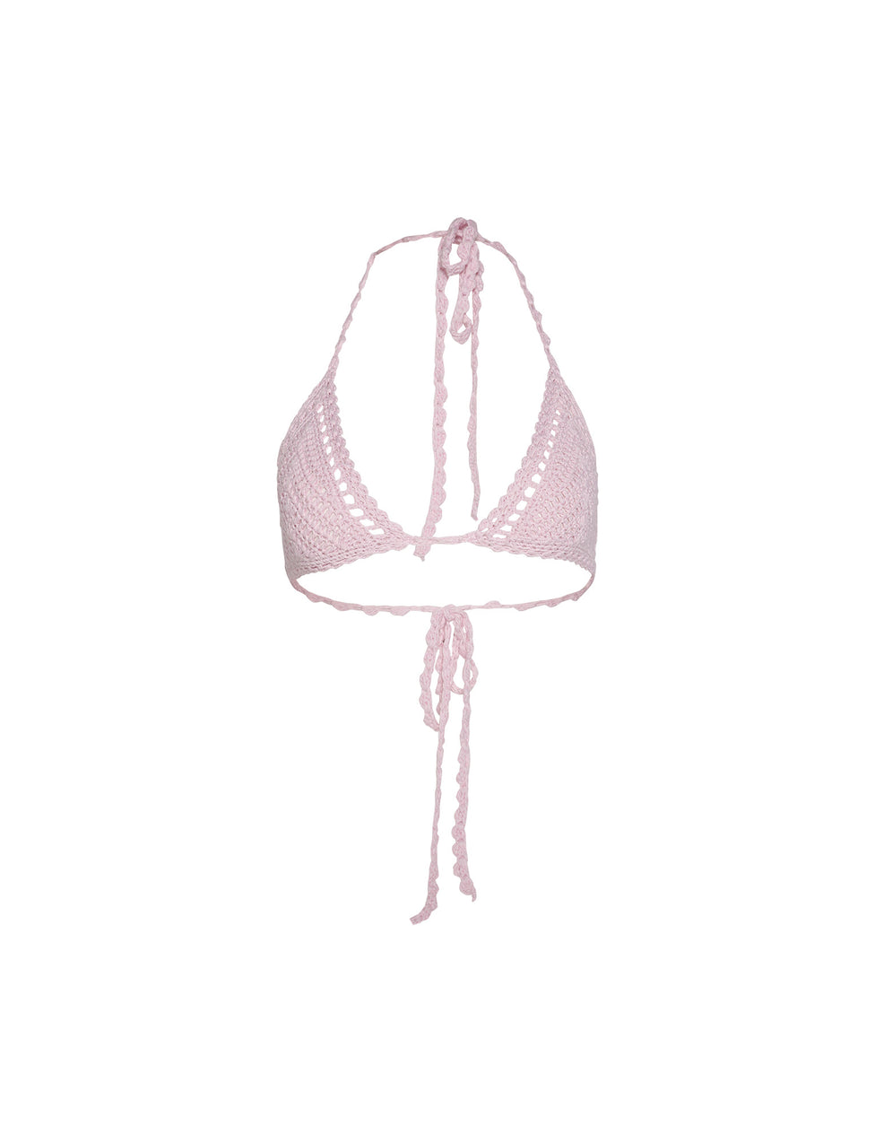 The TIGERMIST CORA Bikini Top in Baby Pink boasts triangle cups, a halter neck with tie closure, scalloped edges, and a back tie closure. Featuring a detailed, woven appearance, this crochet bikini top is perfect for your summer wardrobe
