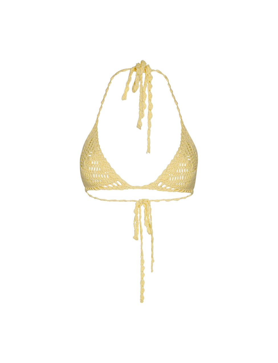 The CORA BIKINI TOP - YELLOW : LEMON by TIGERMIST is a beautifully crocheted yellow bikini top featuring a halter neck and tie closure at the back. This exquisite piece showcases a woven pattern with intricate detailing and string ties, perfectly blending sophistication with playful charm.