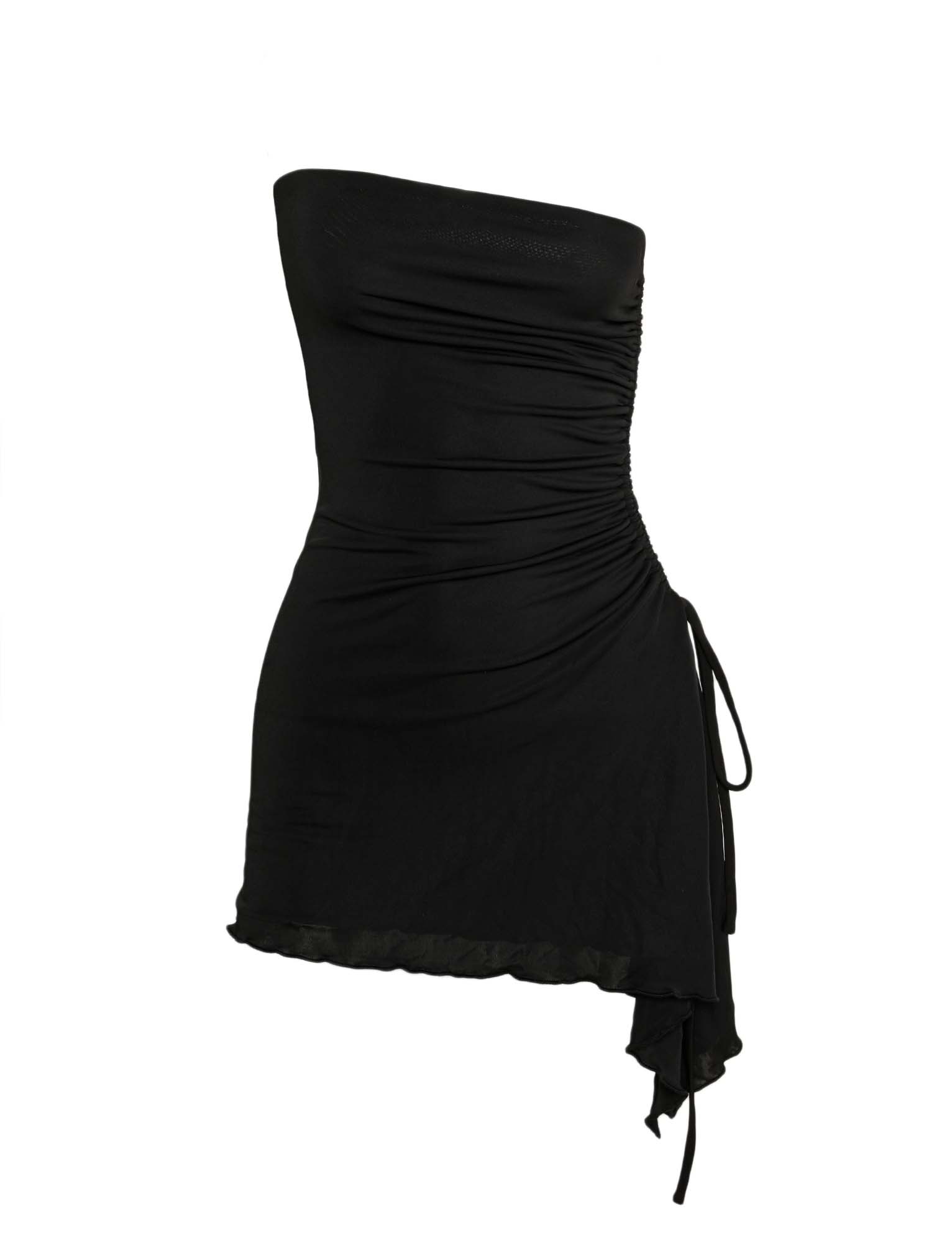 The XENIA MINI DRESS - BLACK from TIGERMIST is a strapless black mini dress with a bodycon silhouette, side ruching, and an asymmetrical hemline.