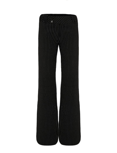 The KITTIE PANT - PINSTRIPE by TIGERMIST showcases a stretch woven fabric, designed with a high waist and flared leg style.