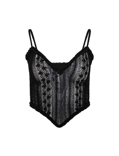 The SOPHA TWO PIECE TOP - BLACK by TIGERMIST is a delicate and elegant camisole featuring intricate lace patterns and thin adjustable shoulder straps, complemented by a slightly V-shaped neckline.