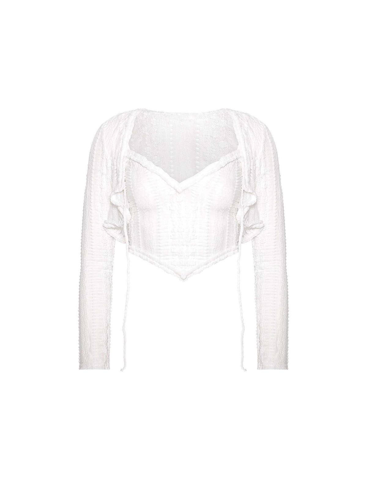 Introducing the Tiger Mist "Sopha Two Piece Top" in white. This sophisticated long-sleeve blouse features a sweetheart neckline, decorative ruching, ruffled details on the sides, and textured fabric throughout. The fitted design of both the sleeves and bodice exudes elegance.