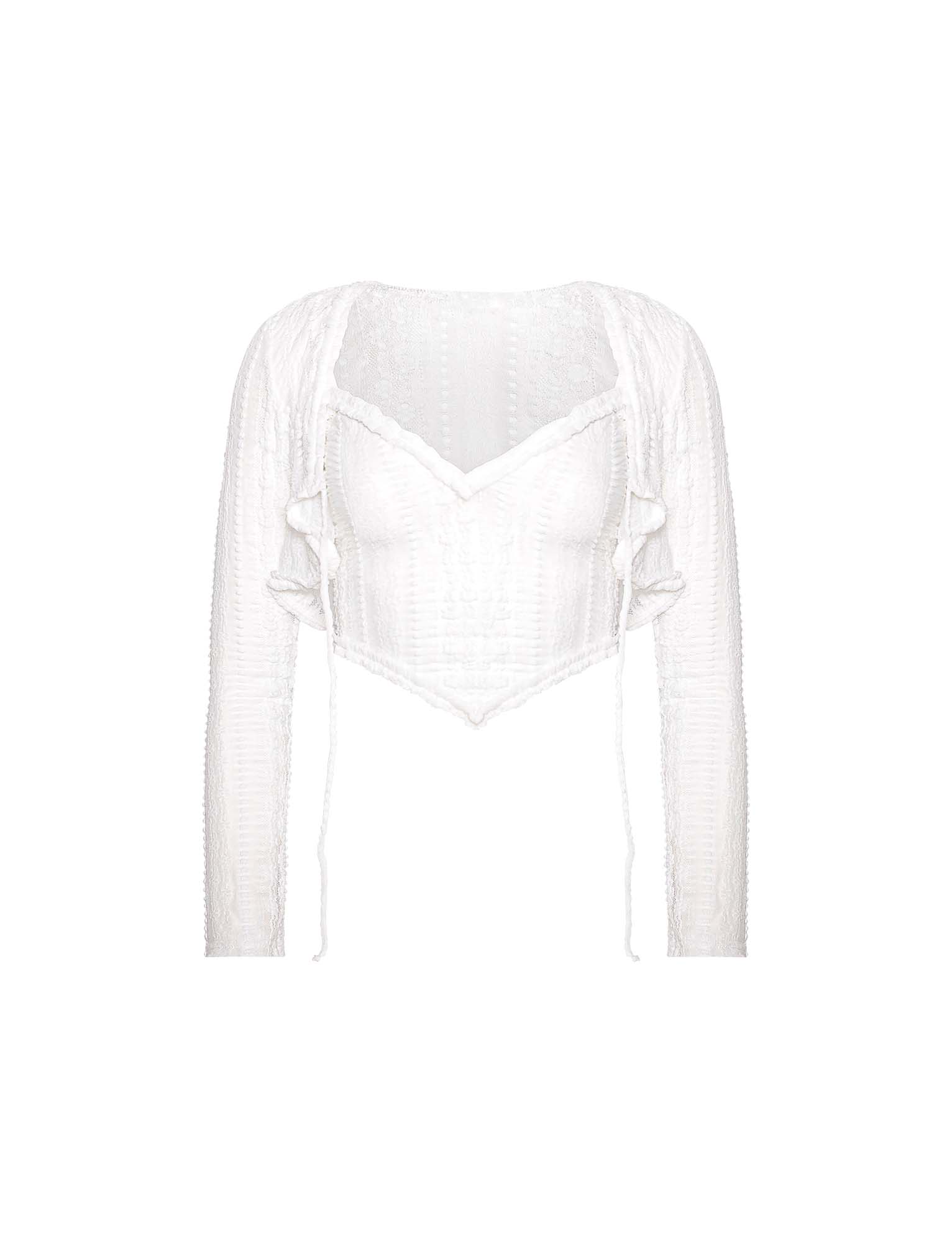 Introducing the Tiger Mist "Sopha Two Piece Top" in white. This sophisticated long-sleeve blouse features a sweetheart neckline, decorative ruching, ruffled details on the sides, and textured fabric throughout. The fitted design of both the sleeves and bodice exudes elegance.