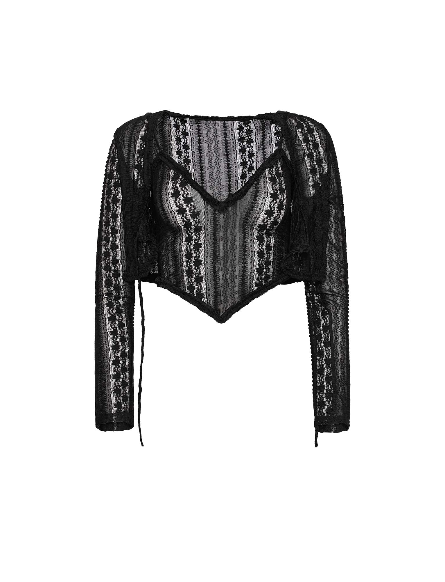 The SOPHA TWO PIECE TOP - BLACK by TIGERMIST is a stunning black lace long-sleeved crop top that features intricate floral patterns and a sweetheart neckline with a slightly pointed hem in the front. This sheer top showcases delicate lace detailing and an elaborate design.