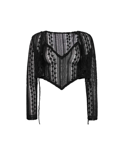 The SOPHA TWO PIECE TOP - BLACK by TIGERMIST is a stunning black lace long-sleeved crop top that features intricate floral patterns and a sweetheart neckline with a slightly pointed hem in the front. This sheer top showcases delicate lace detailing and an elaborate design.
