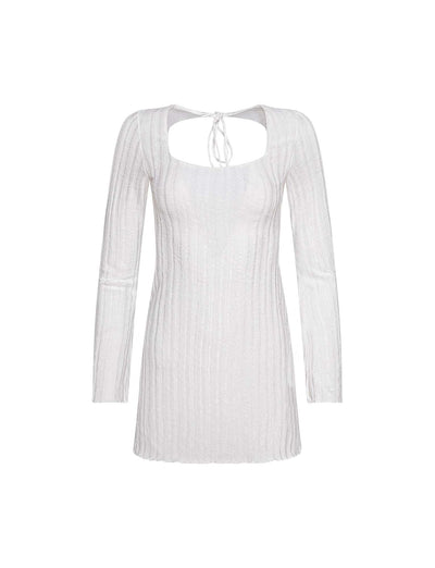 The BRENDEN DRESS - NEUTRAL from TIGERMIST is a light-colored, ribbed-knit mini dress featuring long sleeves and a rectangular cut-out at the neckline. It includes a tie detail at the top center of the cut-out and boasts a slim fit design.