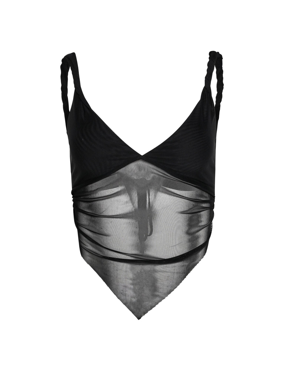 The THEO TOP - BLACK from TIGERMIST is a sheer mesh crop top featuring thin, twisted straps. It boasts a V-neckline and a triangular handkerchief hemline, offering a delicate and stylish see-through appearance.