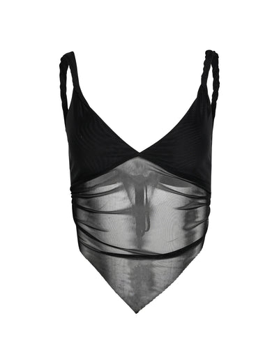 The THEO TOP - BLACK from TIGERMIST is a sheer mesh crop top featuring thin, twisted straps. It boasts a V-neckline and a triangular handkerchief hemline, offering a delicate and stylish see-through appearance.