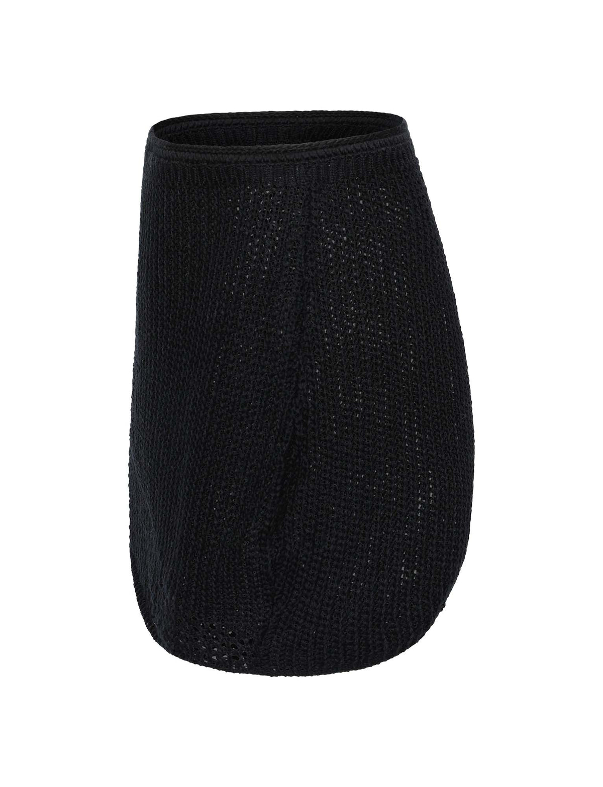 A black cylindrical knit lamp shade, featuring an open weave pattern that allows light to pass through, adds a cozy, handcrafted appearance reminiscent of the chic and edgy aesthetic of TIGERMIST's MACAULEY MINI SKIRT - BLACK.
