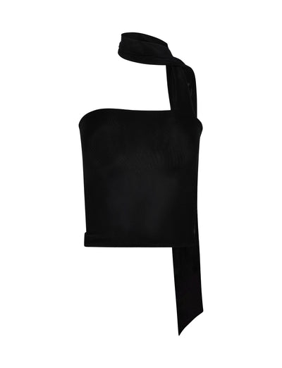 Image of a TIGERMIST CHRYSLER TOP - BLACK, an asymmetrical crop top with a one-shoulder design. The top features a wraparound scarf detail extending from the right shoulder, adding a stylish and modern touch to its overall appearance.