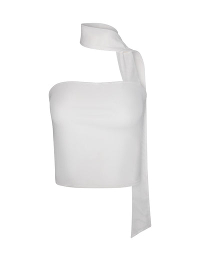 The CHRYSLER TOP - WHITE by TIGERMIST is a chic one-shoulder crop top that showcases a wide, draped strap wrapping around the neck for a fashionable asymmetrical design. This sleek and fitted top is crafted from smooth fabric.