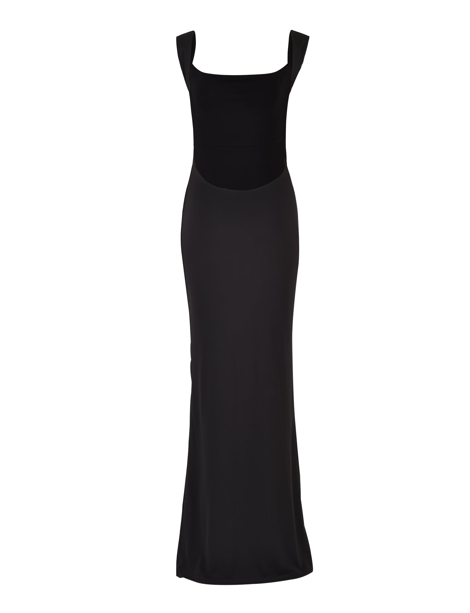 A sleek, full-length black evening gown from TIGERMIST, the MORANA DRESS - BLACK features a square neckline and wide shoulder straps. The dress boasts a fitted bodice that effortlessly transitions into a long, flowing skirt, creating an elegant and sophisticated silhouette.