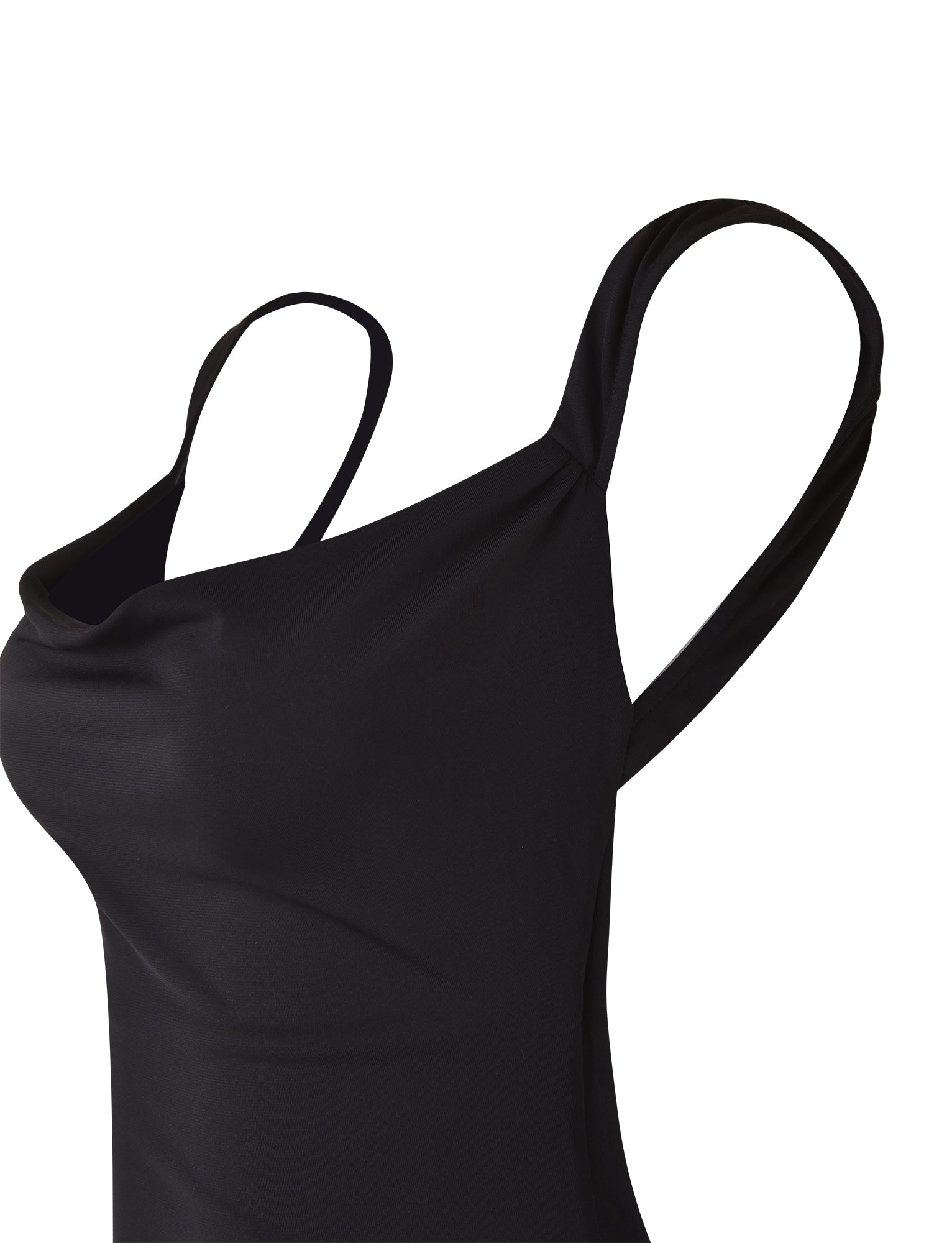 A close-up of the MORANA DRESS - BLACK by TIGERMIST with a draped neckline and two thin shoulder straps, shown against a white background. The dress material appears smooth and slightly stretchy.