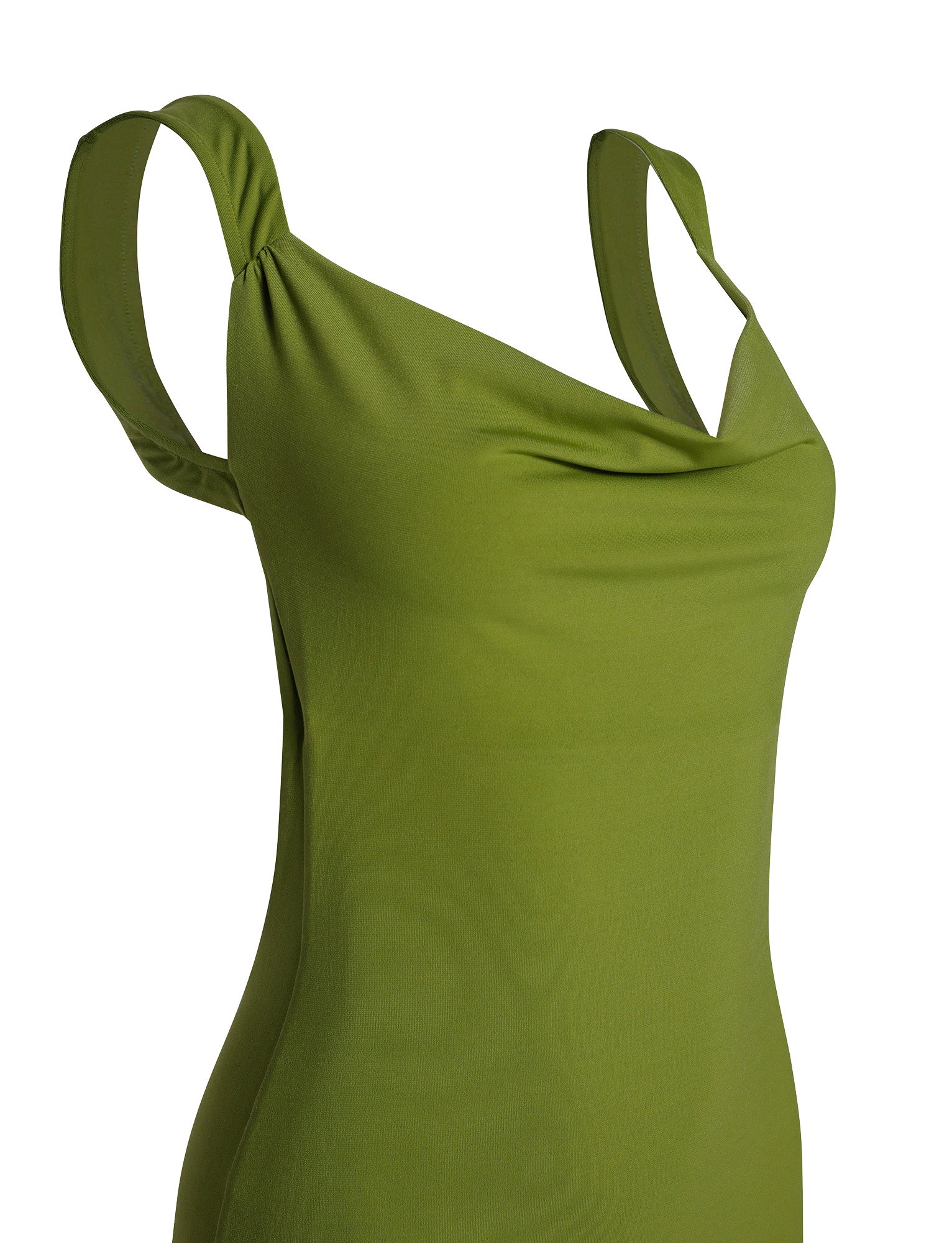 A close-up of the Morana Dress in pastel green from TIGERMIST showcases its smooth fabric and asymmetrical neckline. The sleeveless design features straps of varying widths, creating a subtle pleating effect, and the dress appears fitted and elegant against a white background.