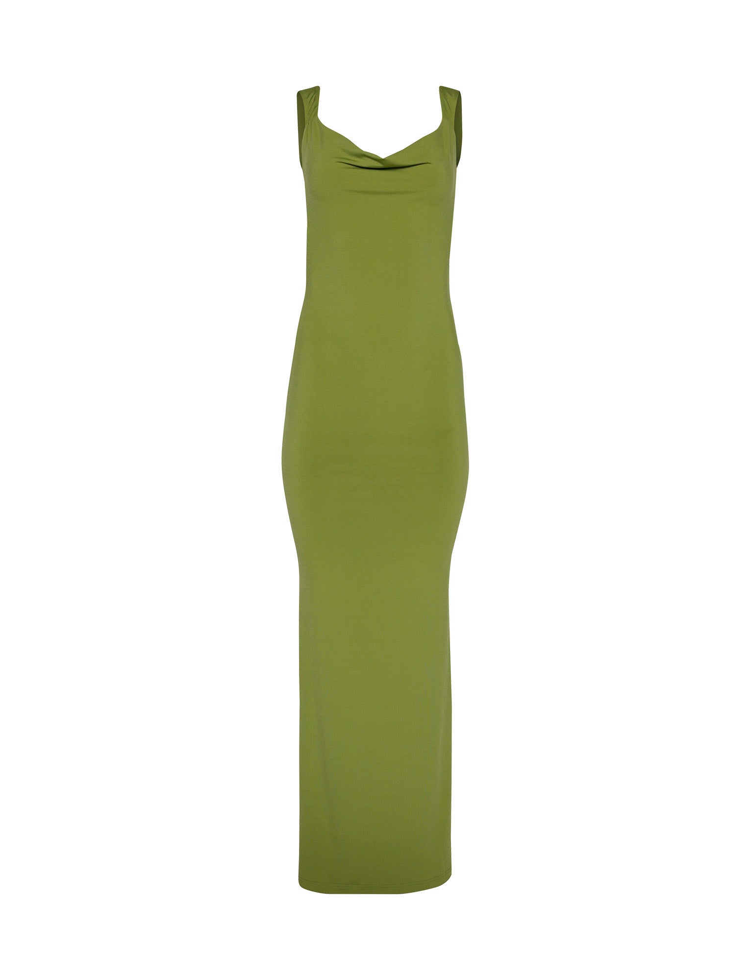 The MORANA DRESS in pastel green from TIGERMIST is a sleeveless, floor-length gown. The dress features a draped neckline and a fitted silhouette, showcasing a sleek and elegant design. The fabric appears smooth and slightly stretchy, lending it a modern and sophisticated look.