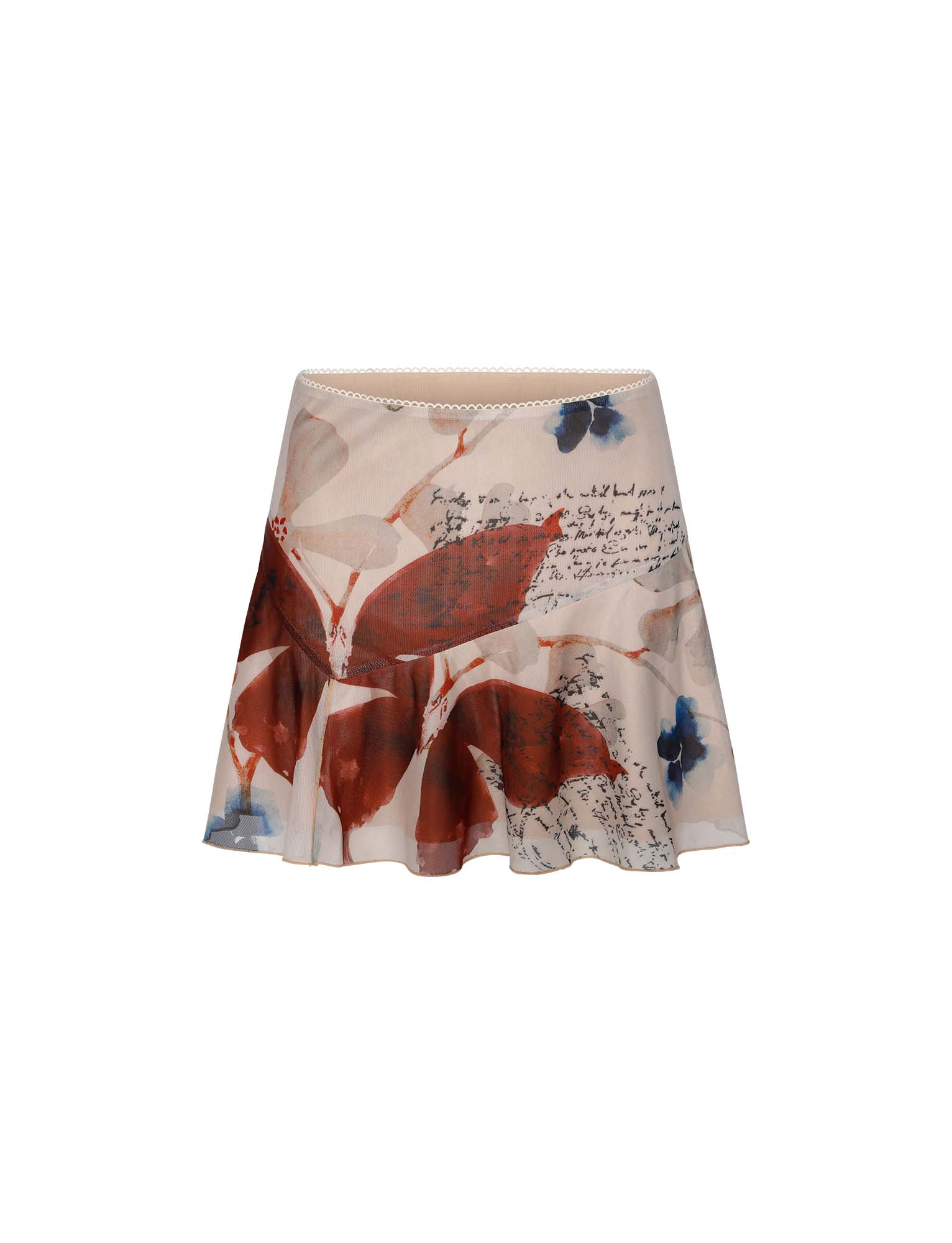 A neutral paisley A-line skirt by Tiger Mist featuring a bold red, blue, and black abstract floral and script pattern. The Feyra Skirt - Neutral : Paisley : by Poppy Butterfly has a slightly flared hem and a delicate lace trim at the waistband.