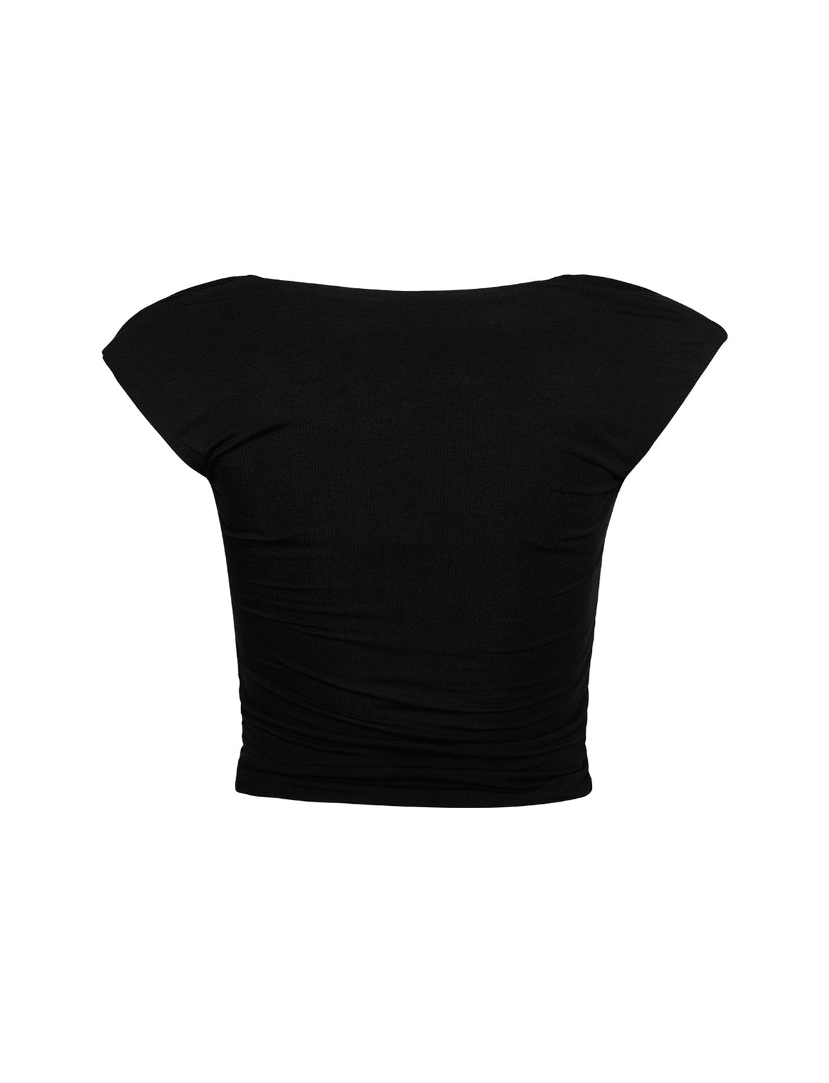 A back view of the CHRISTY TOP - BLACK by TIGERMIST. This short-sleeve, form-fitting top features a soft and stretchy fabric with a slightly wrinkled texture. It has a wide neckline and cap sleeves, showcasing a simple yet elegant design.