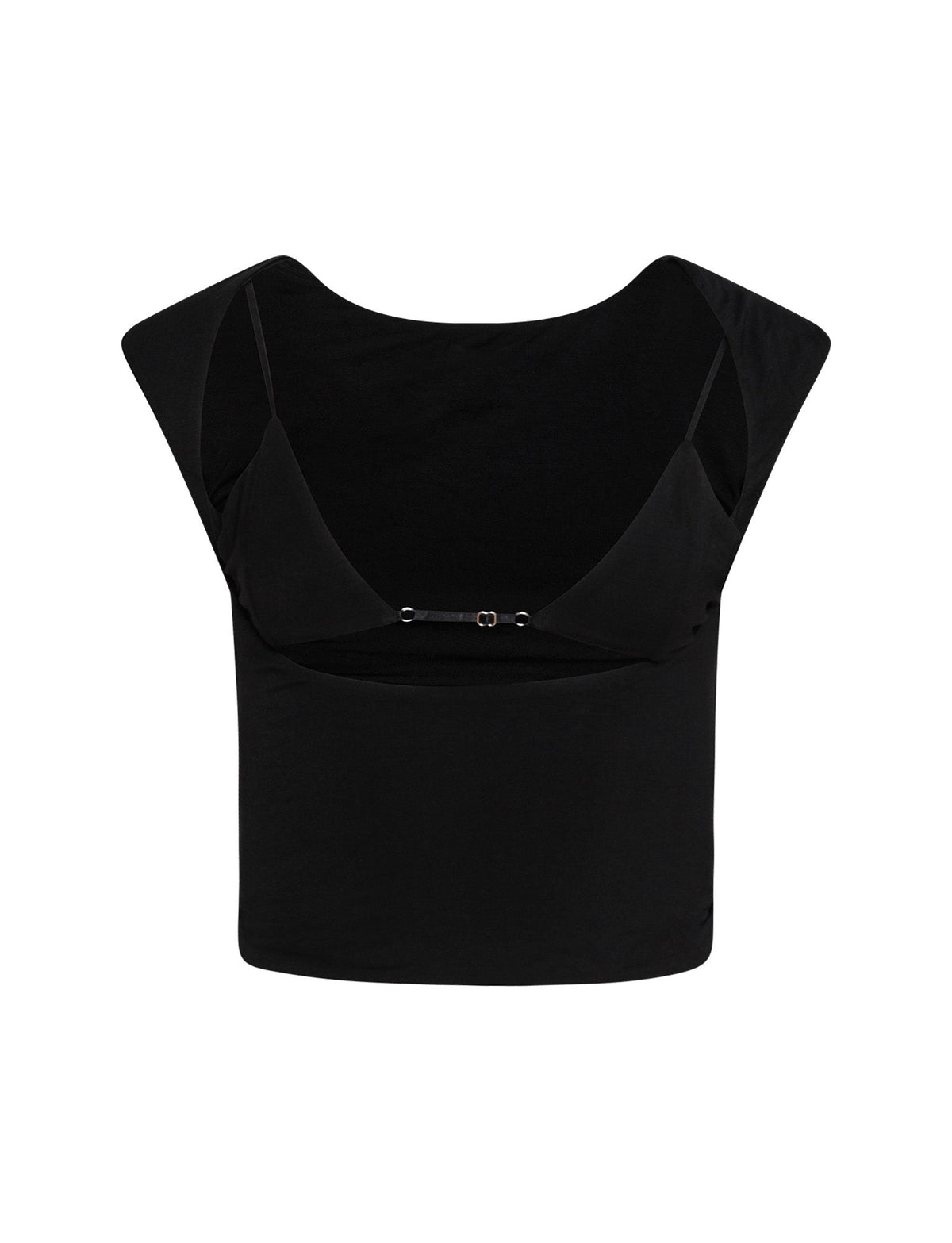 The CHRISTY TOP - BLACK from TIGERMIST is a fitted, black sleeveless top featuring wide, angular shoulder straps. It boasts a unique back detail with an open cutout and a thin strap across the top, enhancing its contemporary and stylish look. The fabric has a smooth and stretchy appearance.