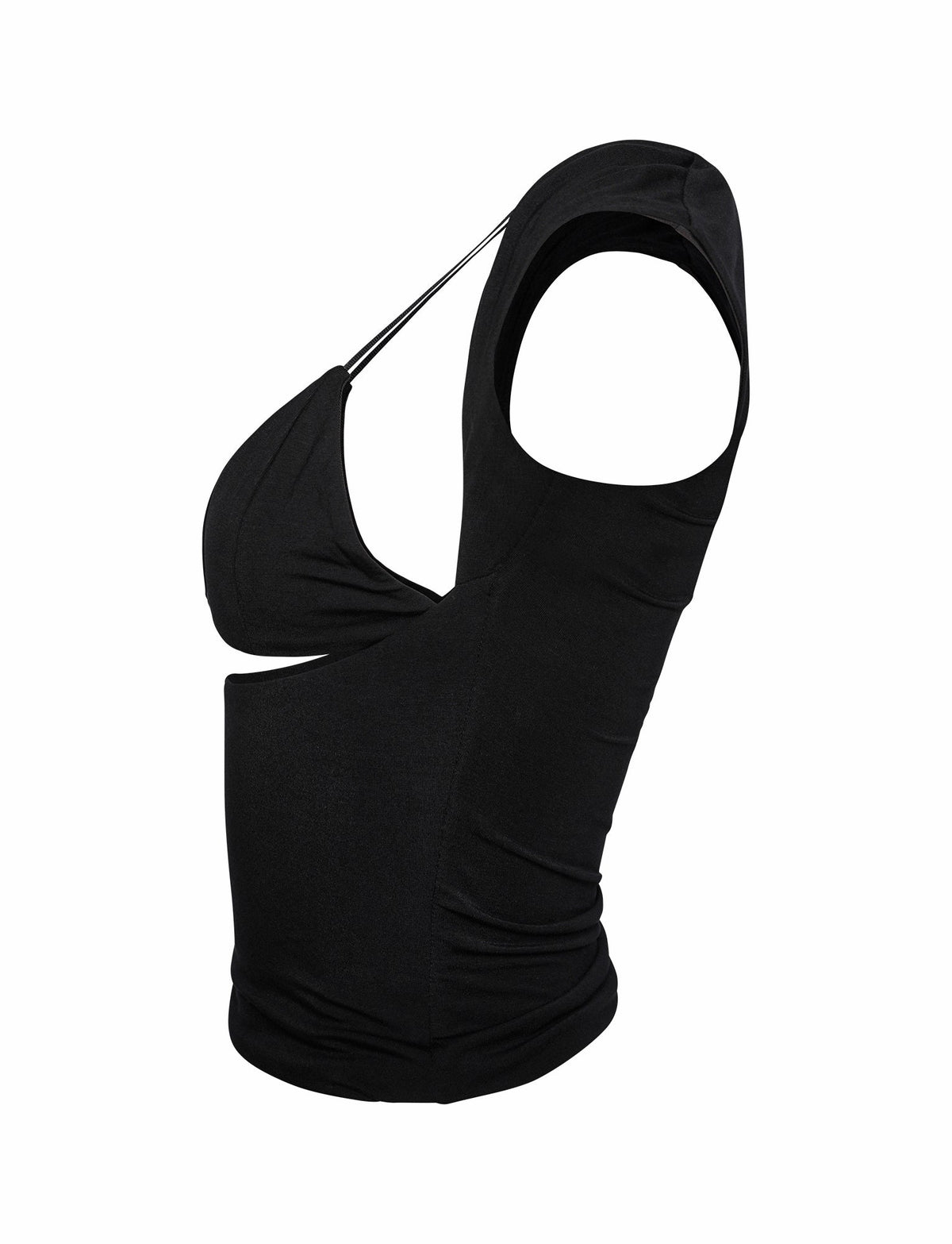 Side view of the stylish CHRISTY TOP - BLACK from TIGERMIST. This sleeveless top features a unique design with a cutout under the chest and a thin strap across the back, providing a modern and edgy look. The fabric appears to be stretchy and fitted, highlighting its sleek silhouette.