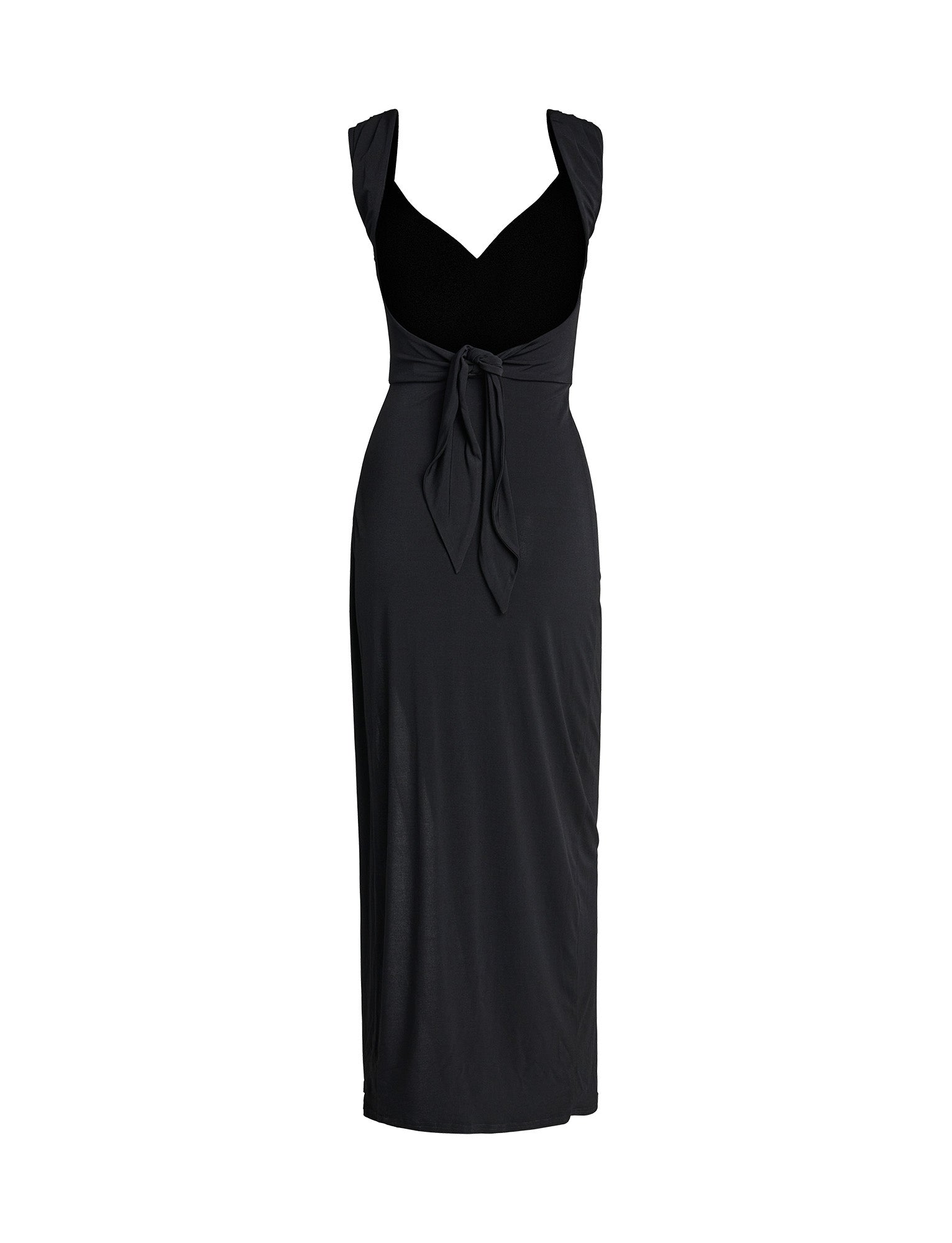 The JOSLIN MAXI DRESS - BLACK by TIGERMIST is a sleeveless dress with a V-neckline and a fitted silhouette. It features a knotted waist tie at the front, adding an elegant detail. The length extends to below the knee. The image shows the dress on a plain white background.
